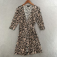 Tahari Dress Womens 6 Wrap V Neck 3/4 Sleeve Animal Print Midi Beige Black