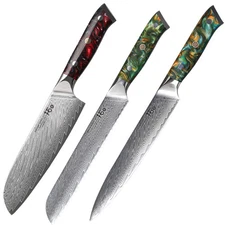3Pcs TURWHO Santoku Bread Slicing Knife Japan VG10 Damascus Steel Kitchen Knives