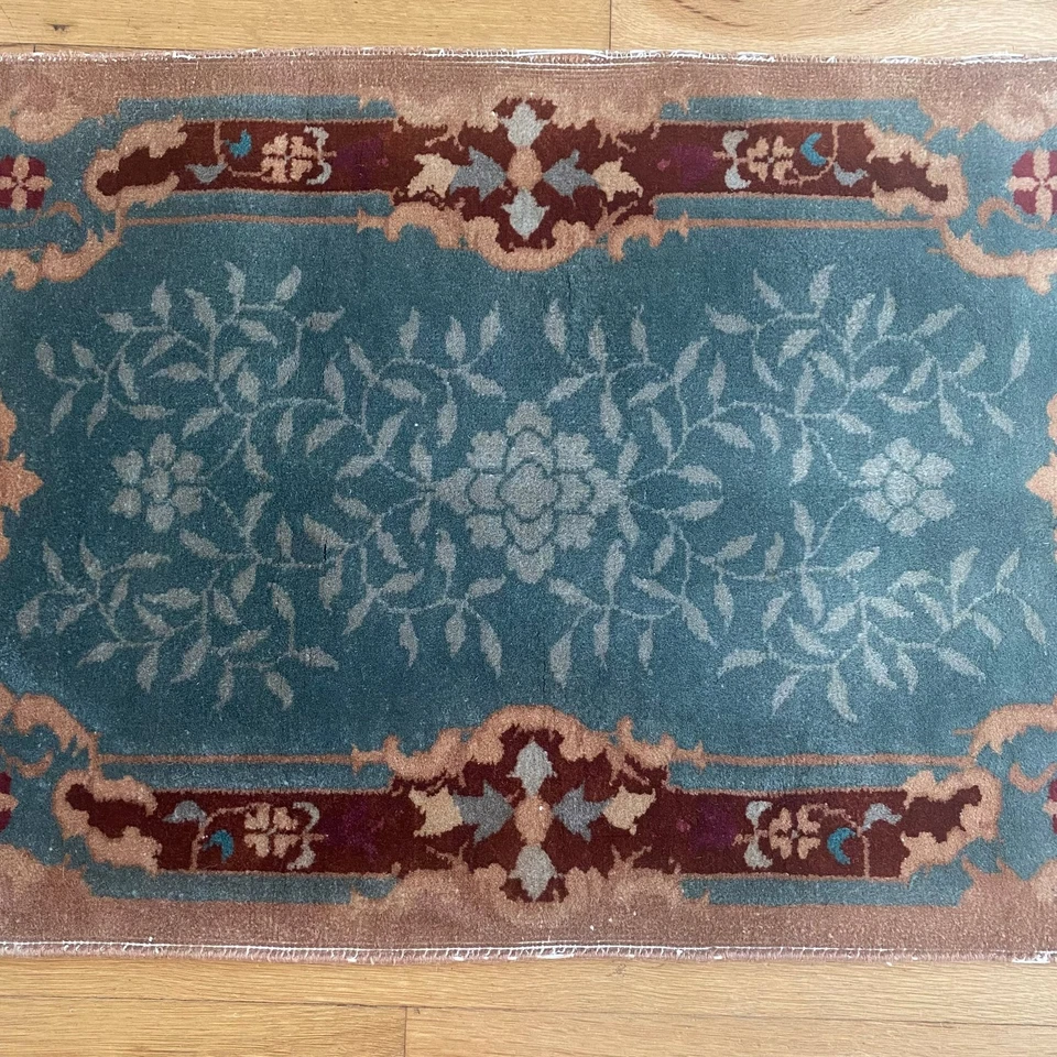 Vintage Rug 2' x 4' 1 Blue Chinese Nichols Art Deco Oriental Rug - image 4 of 4