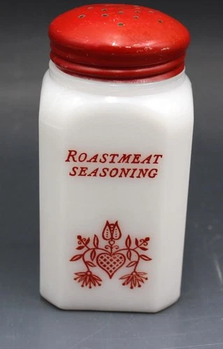 Hazel Atlas Milk Glass Roast Meat Seasoning Jar w/ Metal Top w/ PA Dutch Tulip