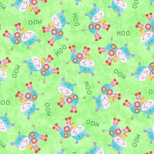 Nursery Fabric | Blank Oink Moo Cock-a-doodle-doo Cow Toss Green YARD - Afbeelding 1 van 1