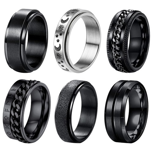 6pcs Men AntiAnxiety Spinner Fidget Ring Band Set Stress Relief