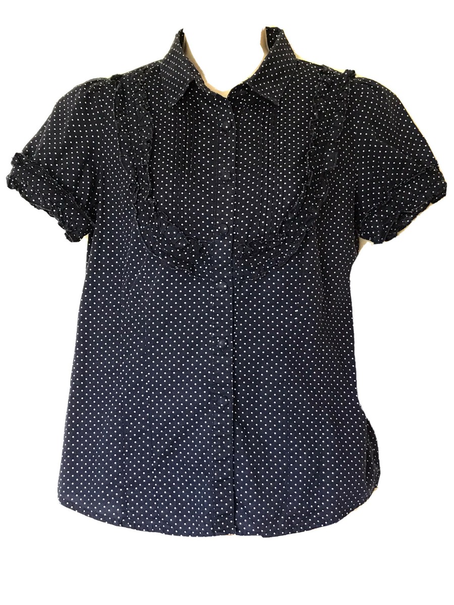 Womens Medium top navy blue polka dot ruffles button down short