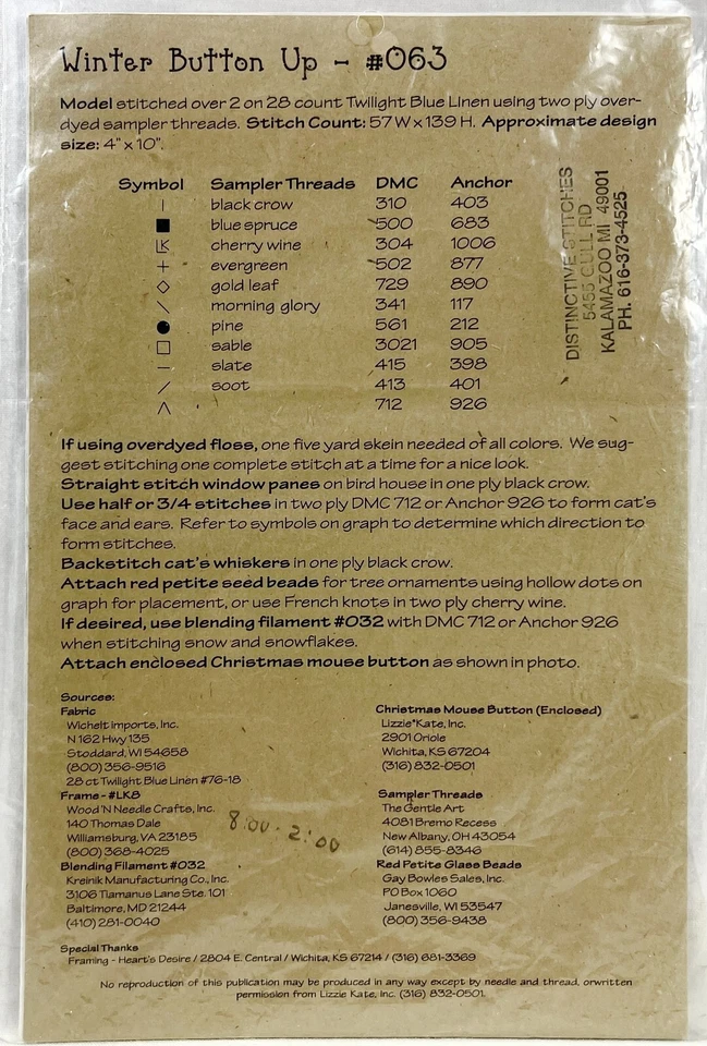 1998 Lizzie Kate Winter Button Up 063 Counted Cross Stitch Pattern AS IS 14145 - Image 2 of 2