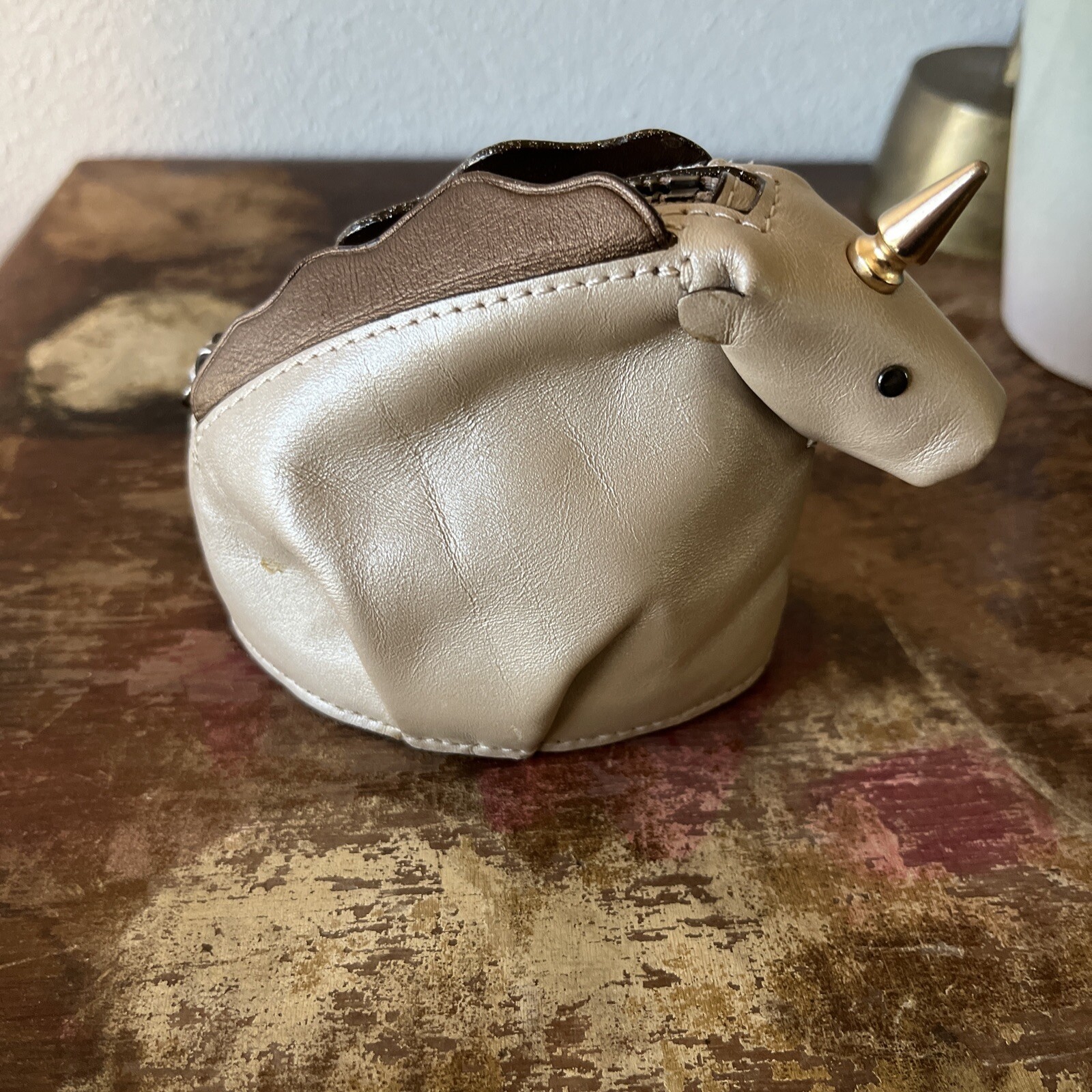 COACH METALLIC PEARL & BRONZE LEATHER UNICORN ZIP COIN PURSE BAG CHARM