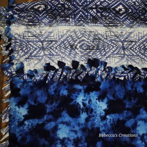 Blue Luxe Aztec Chambre/Tiedye WARM HANDMADE 2 layer tie blanket/throw 50"× 60" - Picture 11 of 17