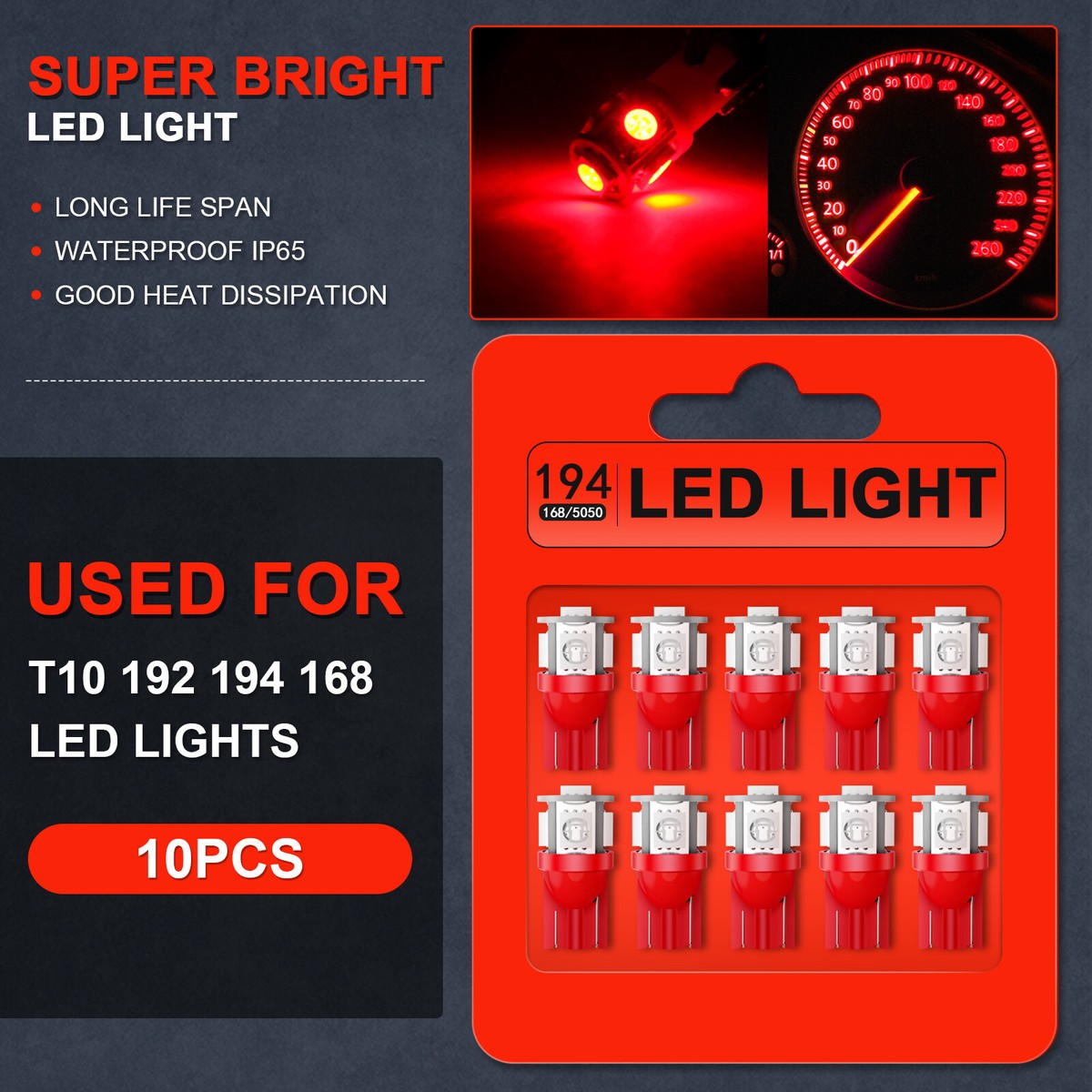 10 Red T10 W5W 194 168 5SMD LED 12V Inner Tail Light Map Bulb For