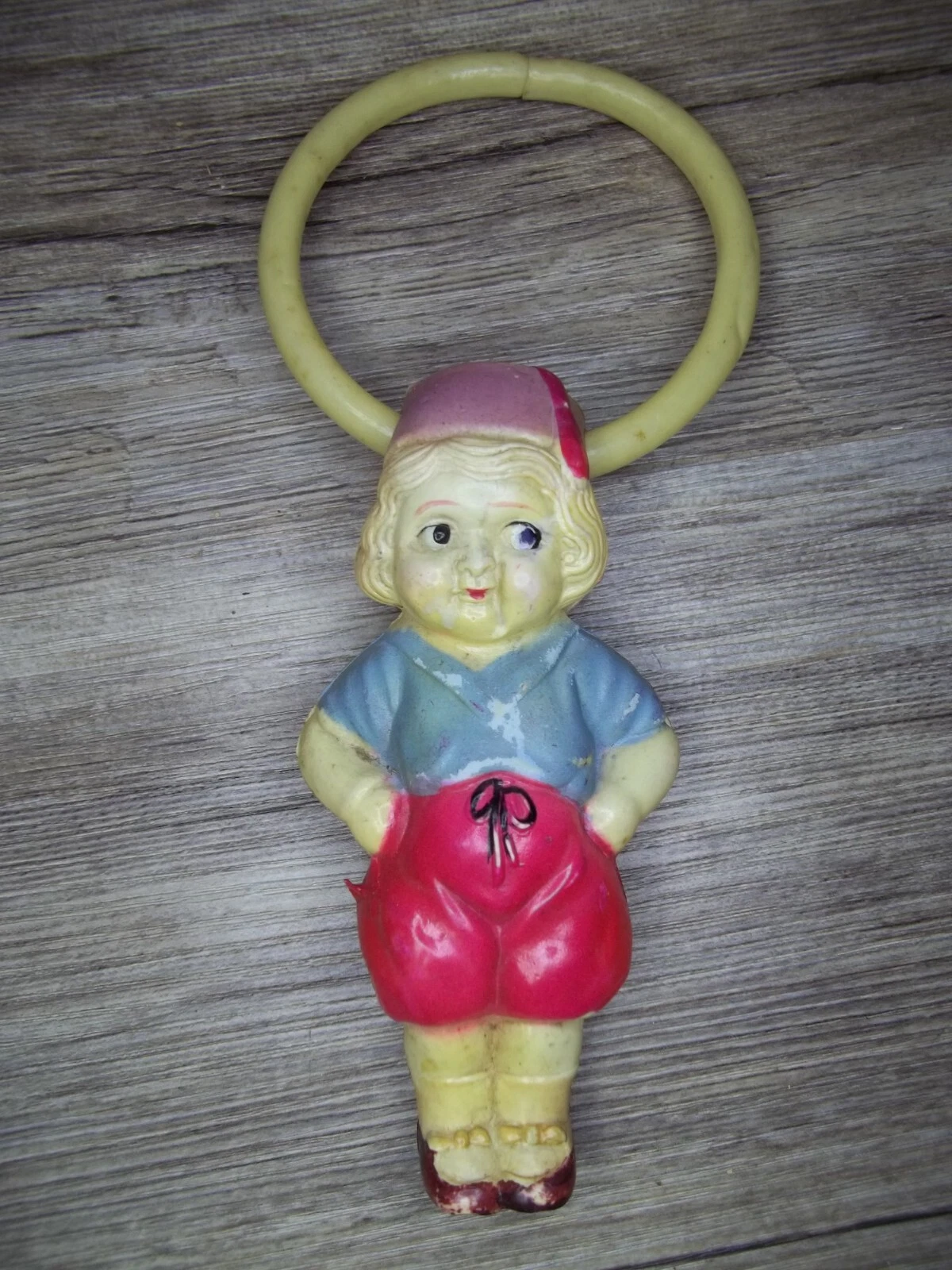Vintage Rare celluloid baby girl teething ring rattle in good condition Z47