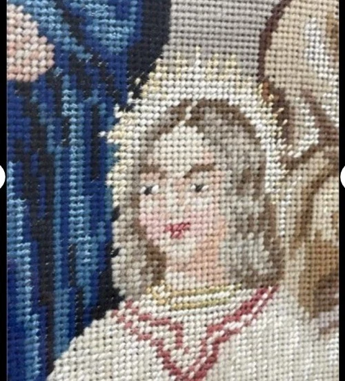 Antiguo tapiz religioso cristiano de punta de aguja del siglo XIX con cuentas francesas 1800 Foto 4 de 4