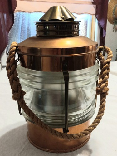 NAUTICAL Copper, Brass and Glass SHIP LANTERN Ice Bucket, Braided Rope Handle