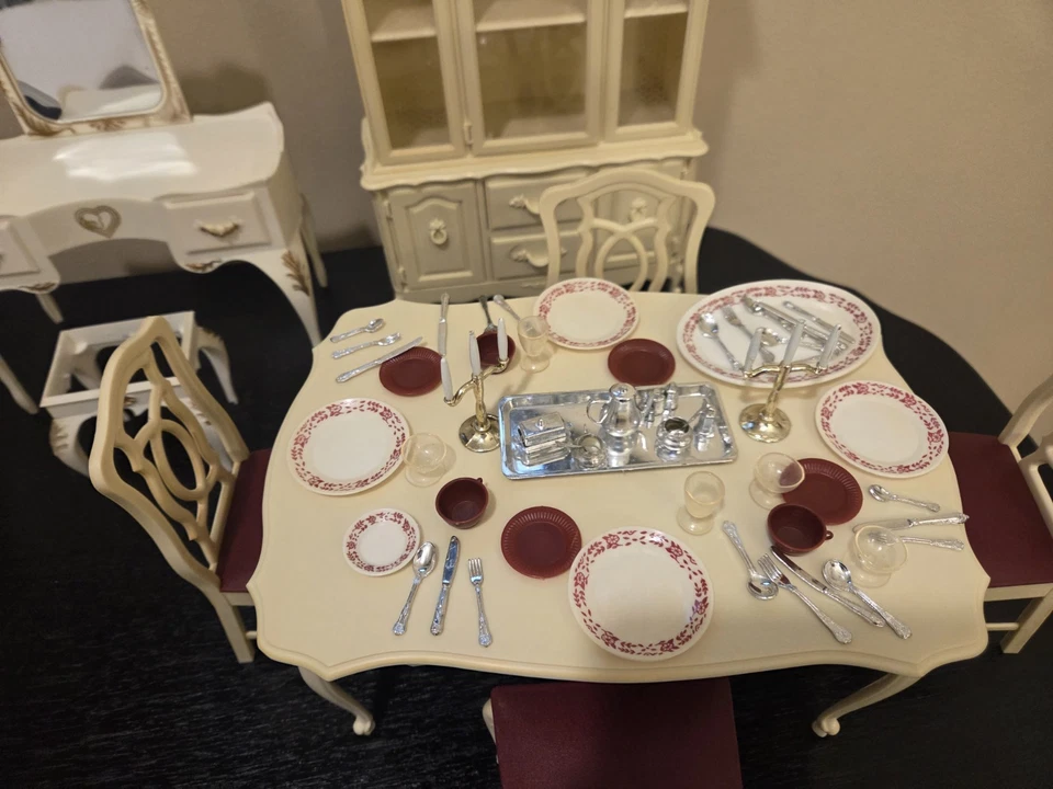 Vintage Marx Sindy Doll Dining Table Chairs China Cabinet Bed Vanity Accessories - Image 2 of 4