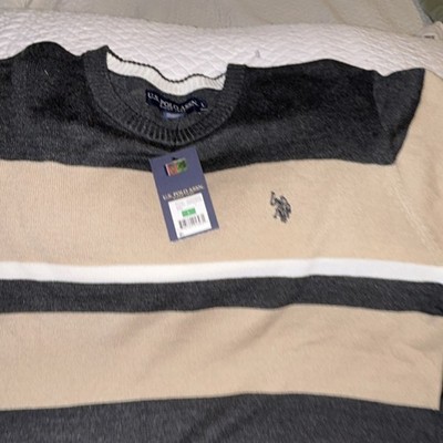 U.S. Polo Assn. Men's Striped Crew Neck Pullover Sweater Black Beige White Logo
