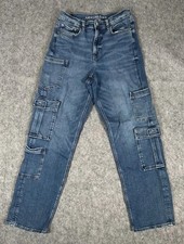 American Eagle Super High Rise Baggy Straight Cargo Jeans Sz 8 Blue Denim