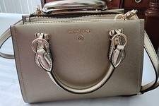 Michael Kors Beige Satchel Top Handle Bag Gold Hardware Zip Detachable Strap