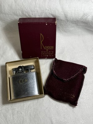 Vintage Ronson Pocket Lighter Original Box and Velvet Pouch Silvertone