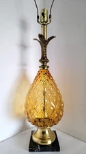 Vtg Mid Century Hollywood Regency Amber Glass Brass Marble Pineapple Lamp
