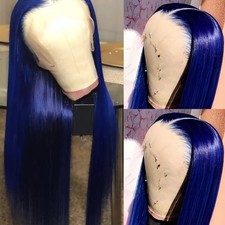 13x4 Free Part Long Silky Straight Hair Dark Blue Color Lace Front Wigs Natural
