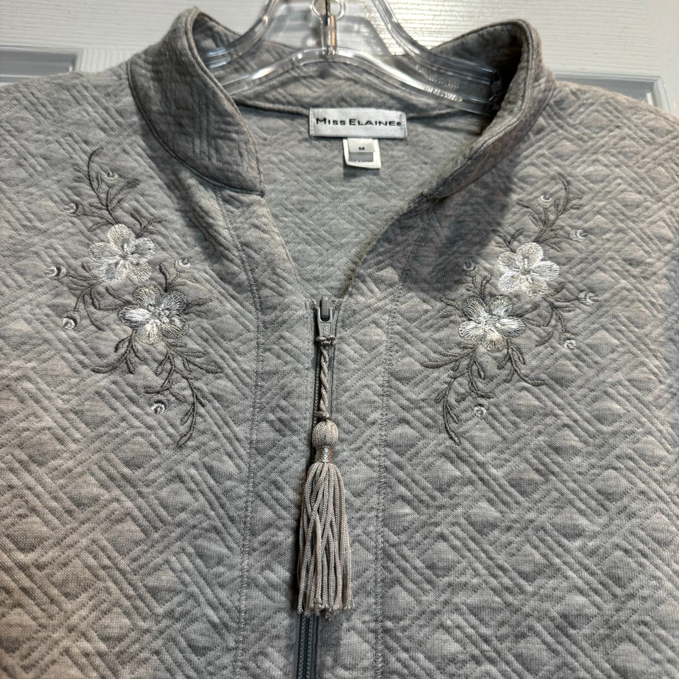 Miss Elaine Zip Up Robe Embroidered Gray Tassel Housecoat Quilted Cottage Cozy M - Image 3 of 4