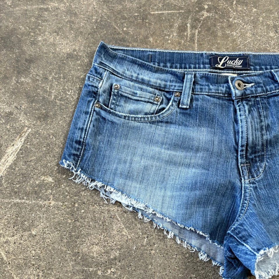 Vintage Lucky Brand Cut Off Denim Jean Shorts Size 10 Blue Faded Y2K Stretch 2" - Image 2 of 4