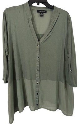 August Silk olive green long-sleeve blouse button-up and sheer bottom XL EUC