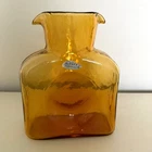 8" BLENKO Double Spout Glass Water Bottle Carafe Amber Golden Wheat VTG Sticker