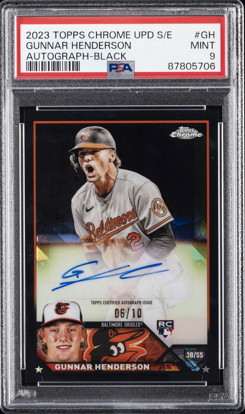 2023 TOPPS CHROME UPDATE SAPPHIRE ED AUTO BLACK #GH GUNNAR HENDERSON 6/10 PSA 9