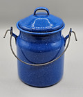 Enamelware Covered Pot Metal Handle Blue with White Speckles 5” Tall