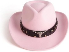 Light Pink Western Cowboy Cowgirl Hat for Men Women Black Bull Strap Retro Fel