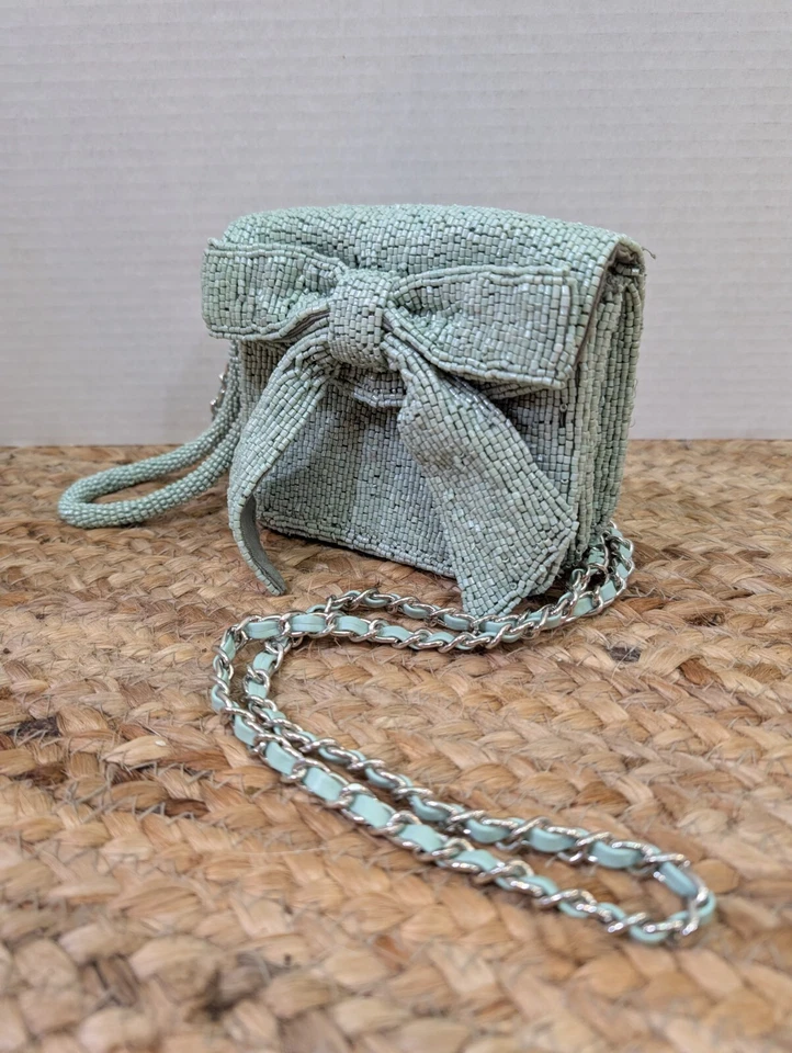 Anthropologie Glass Beaded Wristlet Blue Green Bow Detail & Crossbody Strap - Image 2 of 4