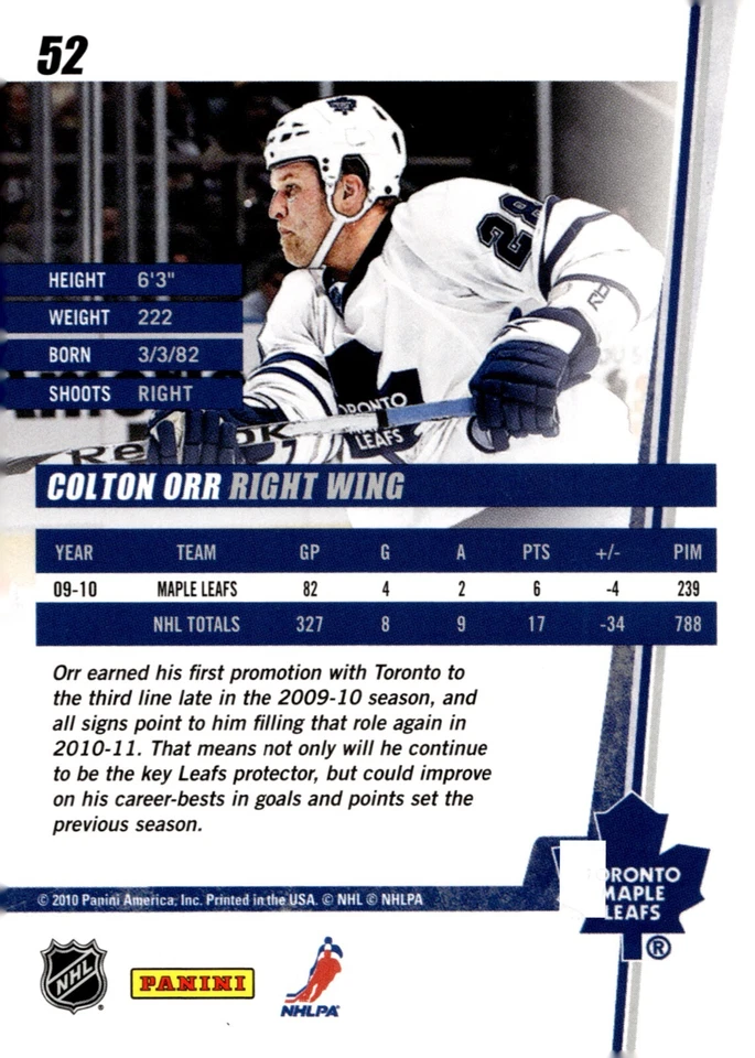 Colton Orr - Signed 2010-11 Panini Donruss Card #52 - Toronto Maple Leafs - Image 2 of 2