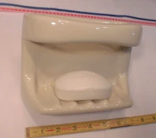Gloss Almond - Bone: Ceramic Soap Dish Tray with Washcloth Holder/Grab Bar, NEW
