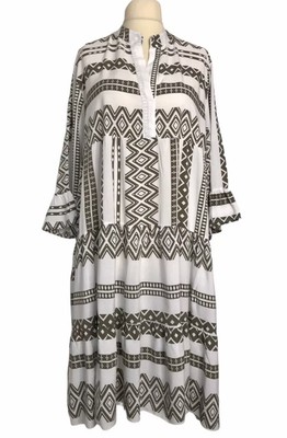 Italian Lagenlook Khaki Aztec Pattern Stripe Boho Dress / Top - UK Sz 14 16 18
