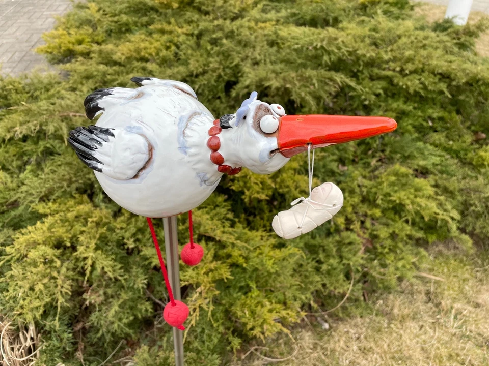 Keramik Gartenkugel Dekoration Statue Vogel Storch H14cm Midene Handgefertigt - Bild 2 von 4