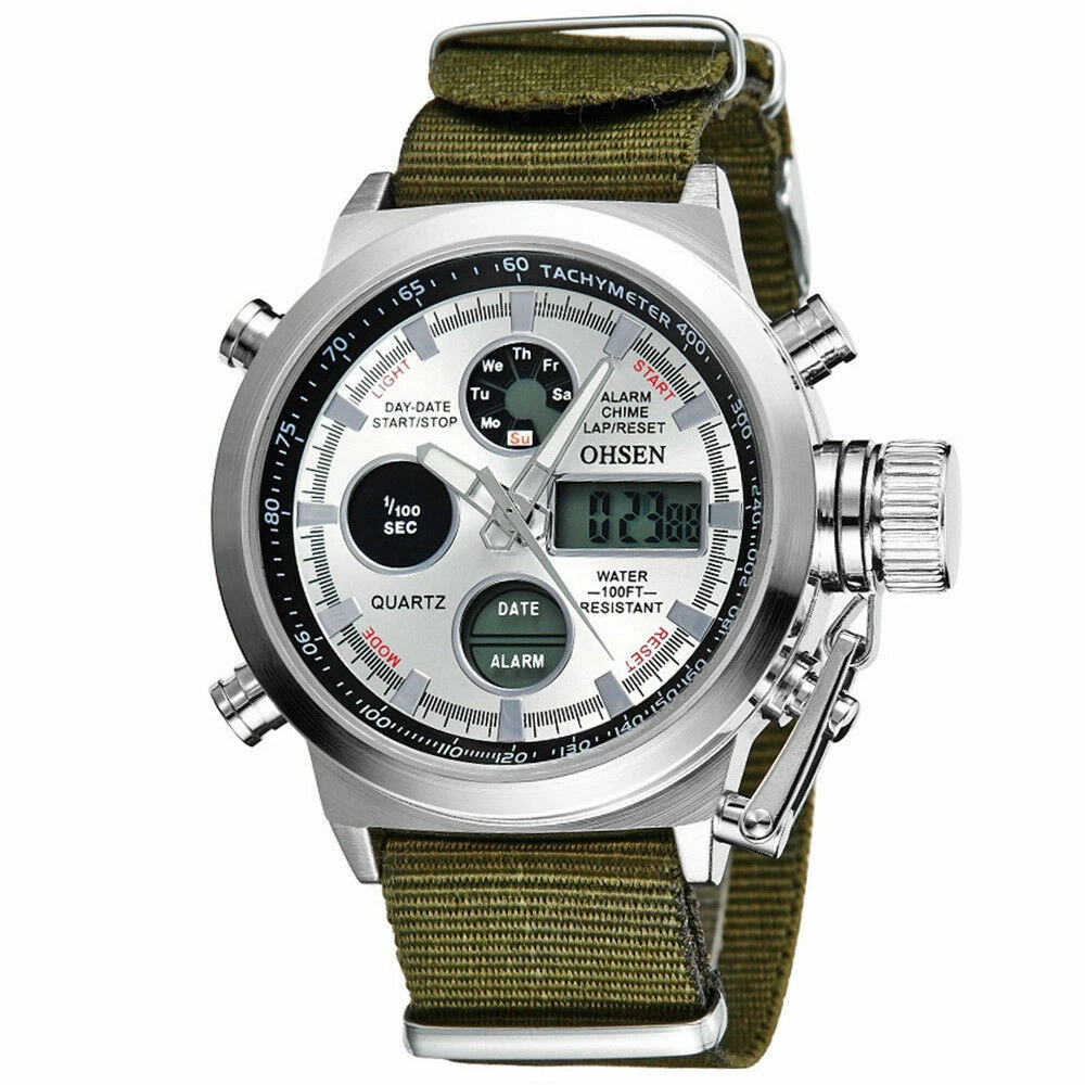 OHSEN Men Quartz Watch LED Digital Wristwatch Army Green Nylon