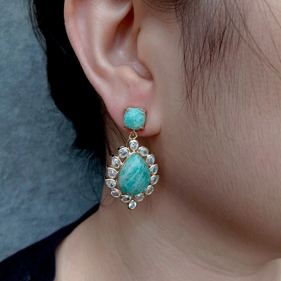 Teardrop Amazonite Dangle Stud Earrings Cz Pave Lady Jewelry Fashion Earrings - Image 4 of 4
