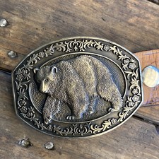 Grizzly Bear Solid Brass Belt Buckle W/ 36/90 Wildlife Leatherwork Belt USA