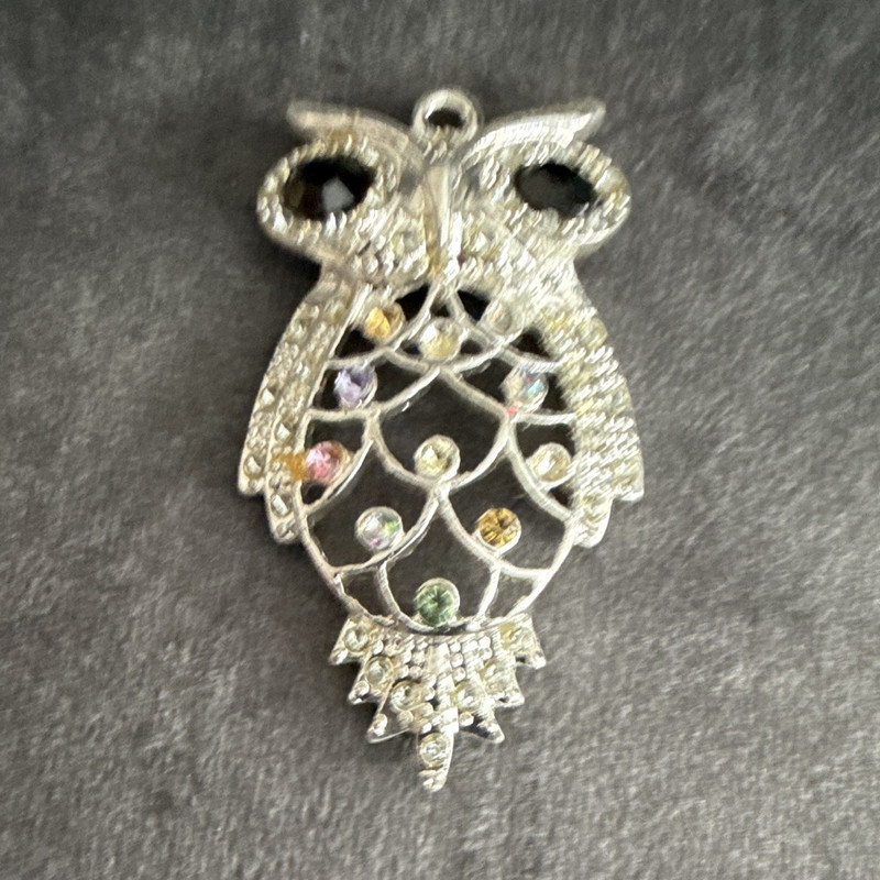 Silver Tone Owl Charm Pendant Multicolor Round Pavé Rhinestones