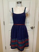 Anna Sui Anthropologie Navy Blue Fit & Flare Dress W/ Multicolor Embroidery Sz 6