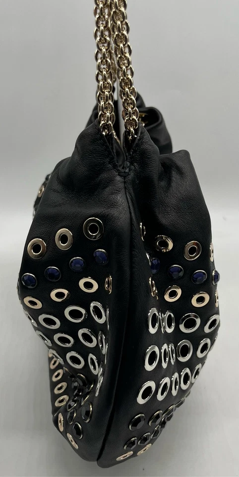 Bolsa Hobo Sonia Rykiel Couro Preto Ilhós Enfeitado Chainlink Domino NOVA - Imagem 3 de 4
