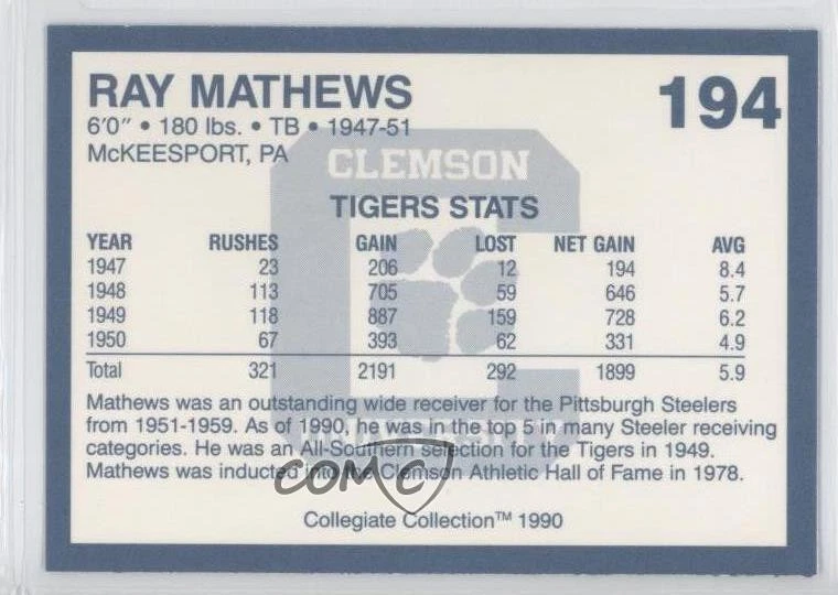 1990 Collegiate Collection Clemson Tigers Ray Mathews #194 - Image 2 of 2
