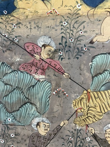 Ancienne gouache Indo-moghol XIXe : partie de chasse au tigre de l'Empereur - Photo 8/14