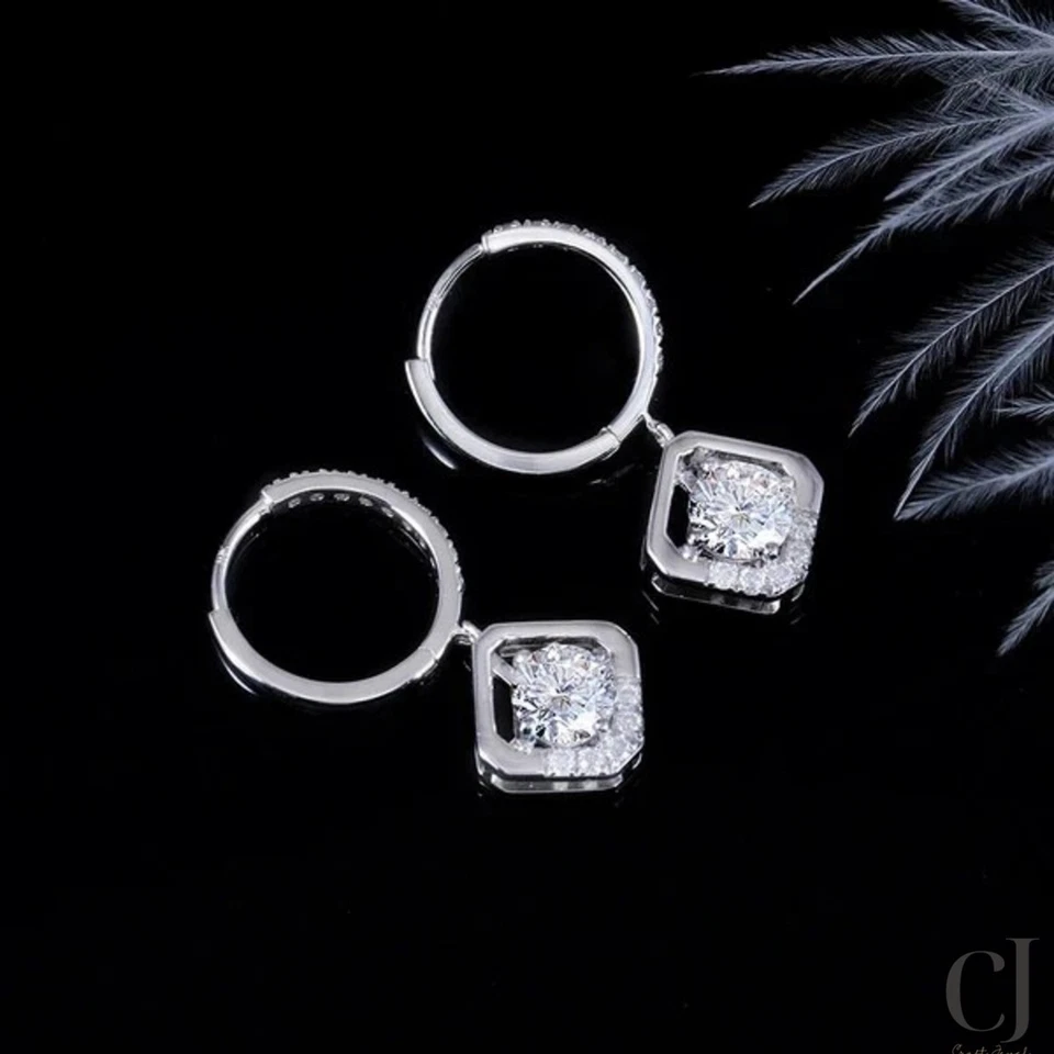 3 TCW Round Cut Moissanite VVS1 Hoop Wedding Earring Solid 14k White Gold - Image 4 of 4