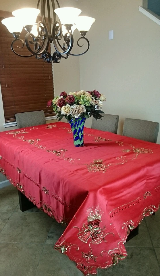 Poliéster 72x90" Rojo Vacaciones Navidad Vela Bordado Mantel Tela Satén Foto 2 de 4