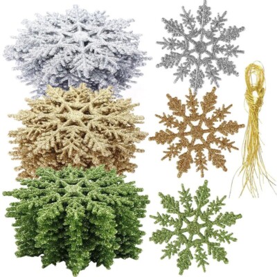 12Pcs 7.5cm Glitter Snowflakes Christmas Ornaments Xmas Tree Hanging Party Decor