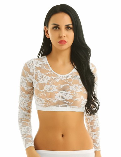 Sexy Women Lace Floral Long Sleeves Mesh Sheer Crop Tops Short T-Shirt Blouse - Picture 15 of 26