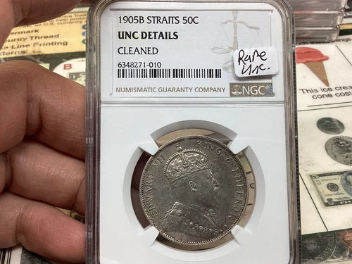 Straits Settlements 1905 B 50 Cents Rare Date NGC UNC Details Cleaned