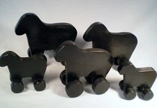 Set of 5 Wheeled Wooden Black Sheep / Lambs Toys - Hand Crafted Flock