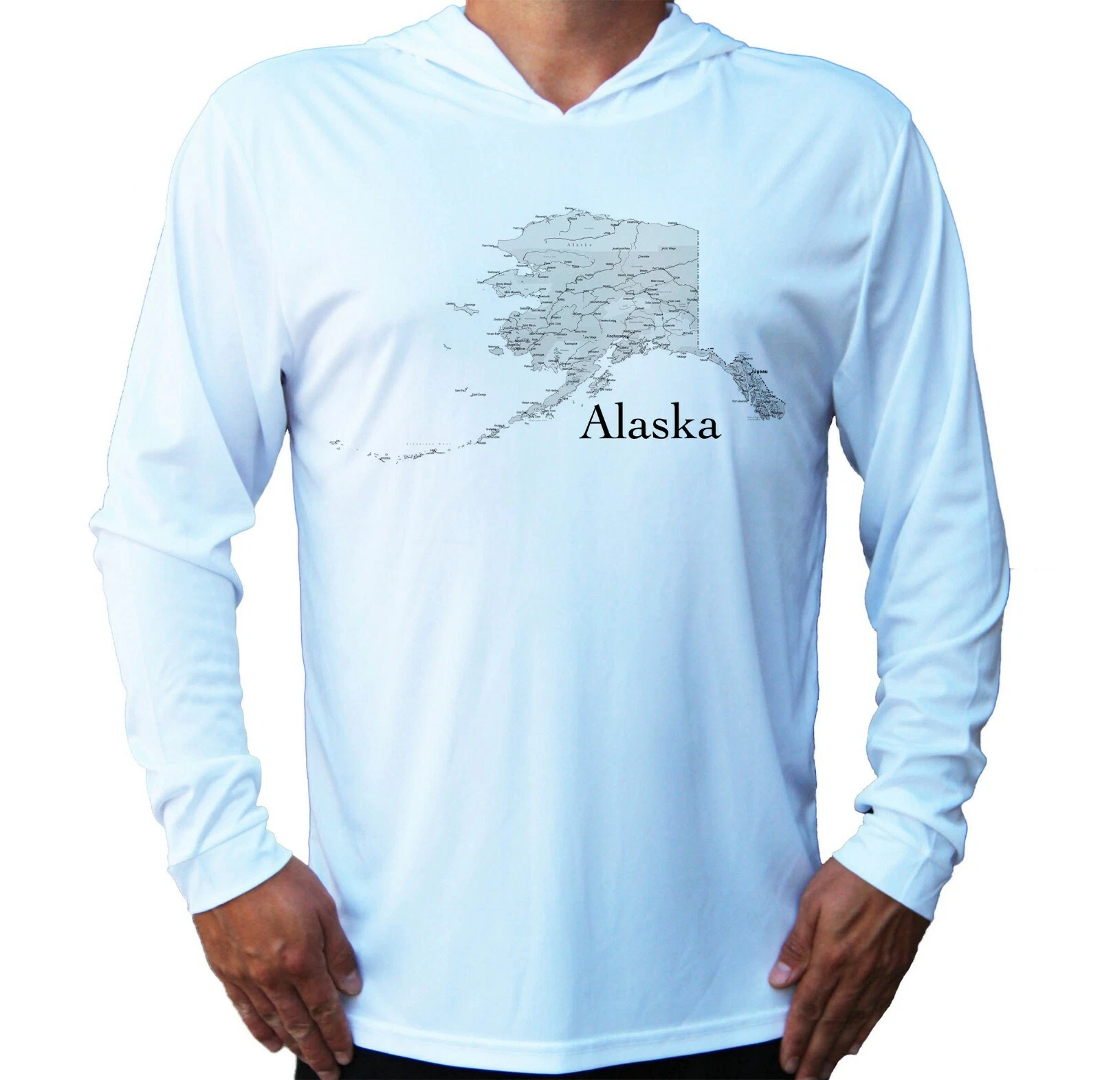 Alaska State Map Sport UV Protected UPF 50 Long Sleeve T-Shirt Hood Fishing