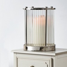 Silver Ribbed Hurricane Vase Decorative Textured Candle Tea Light Glass Holder