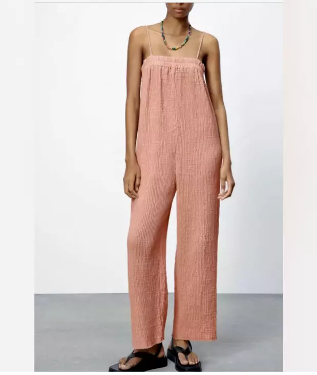 ZARA Pink Gauze Spaghetti Strap Raw Hem Ankle Jumpsuit Size XS